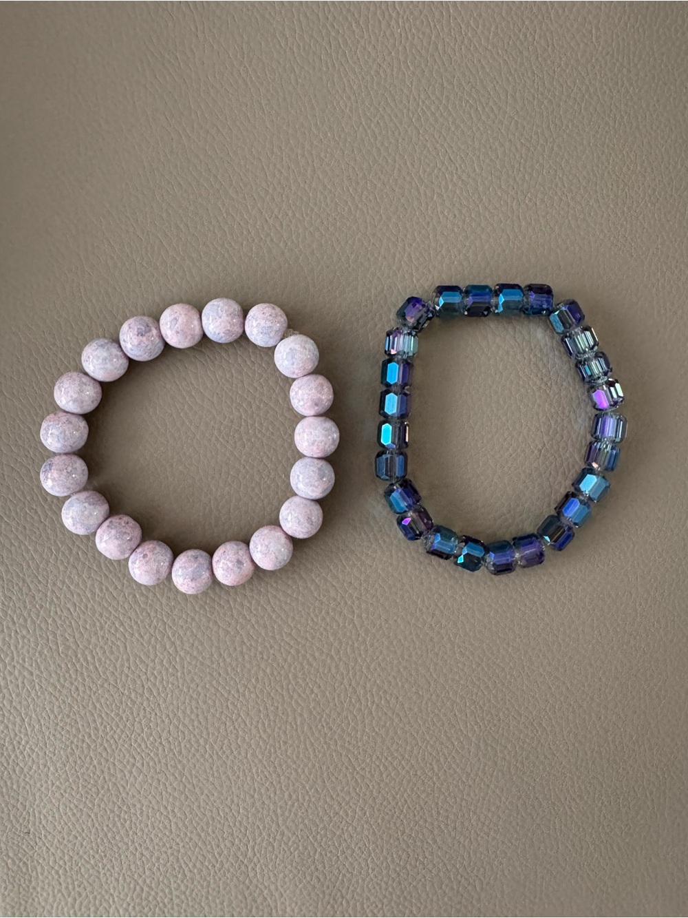 Pink Beaded Stretch Bracelet and Iridescent Blue Glass Bracelet Set